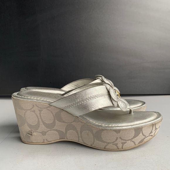 Coach Shoes - Coach Poppy Harley Silver Metallic Wedge Sandals Women’s Size 7 Open Toe